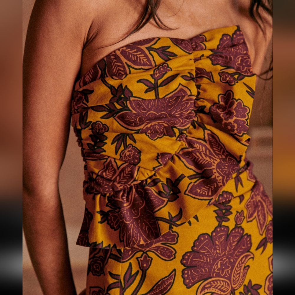 Sezane Pauline Floral Midi Dress- Flowers On Ochre Background - Picture 3 of 12